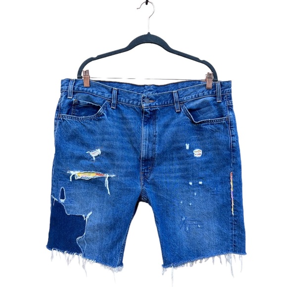 Levi’s 505C Orange Tab Remastered Tie Dye Patchwork Distressed Denim Shorts W42 - Picture 1 of 11